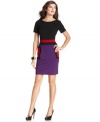 Evan Picone's petite sheath looks fresh and fashion-forward with colorblocked details at the waist and pockets and a flattering fit. (Clearance)