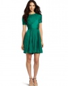 Halston Heritage Women's Short Sleeve Crewneck Pleated Dress, Emerald, 4