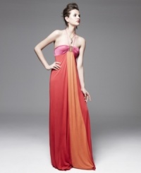 Featuring bright colorblocking, this Neon maxi dress makes a glam statement with gold hardware!