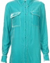 Sutton Studio Womens Velvet Safari Big Shirt Blouse Misses (X-Large, Aqua Sea)