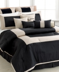 In a chic black and ivory palette, the Park Avenue comforter set offers a simple, but elite look for your bedroom. Smart solids in linen and silk like textures are pieced together in different forms and decorative pillows draw in subtle designs and embellishments for just a hint of extra style.