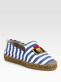 A nautical-inspired favorite in striped canvas with a colorful embroidered patch and textured rope edging. Covered platform, 1 (25mm)Canvas upperEspadrille and leather liningRubber solePadded insoleMade in Spain