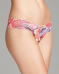 Hanky Panky updates its low-rise, lace thong with a vibrant floral and feather print. Style #8P1584.