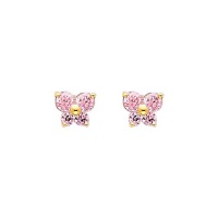 14K Yellow Gold October CZ Birthstone Butterfly Stud Earrings for Baby and Children (Pink Tourmaline, Light Pink)