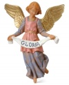 Proclaiming the sentiment Gloria, adorn your Nativity scene with this angel figurine to watch over and offer well wishes to the newborn babe. Embellished with gold wings and lovely painted details.