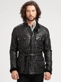 Inspired by a vintage motorcycle jacket, the Jennings Bike Jacket is crafted from supple quilted leather and receives modern updates with a belted waist, reinforced elbow patches and ample utility pockets for storage.Zip frontStand collarChest, waist flap pocketsZippered pocket at sleeveBelted waistFully linedAbout 30 from shoulder to hemLeatherDry cleanImported