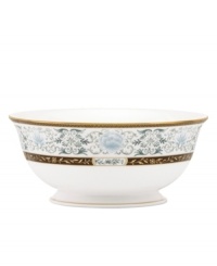 Extraordinarily detailed yet amazingly dishwasher safe, the Palatial Garden serving bowl from Marchesa by Lenox combines teal blossoms, intricate gold vines and velvety brown accents in gold-banded bone china for unparalleled elegance.