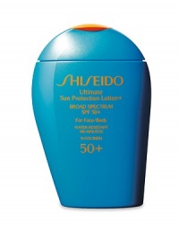 Highly nourishing, water-resistant sunscreen lotion for the face and body with UVA/UVB broad spectrum protection that defends against powerful rays that cause sunburn, cell damage and premature signs of aging. Smooths on evenly with no sticky or filmy feeling. Invisible on skin even after repeated applications. Made in Japan. 3.4 oz. 