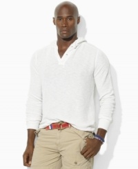 Style and comfort handsomely intertwine in a hooded pullover crafted from soft waffle-knit cotton with a two-button placket for versatile styling.