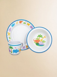 Perfect for the little explorer who's fascinated with the wild creatures found in the jungles and rainforests. Part of the Jungle Parade Collection, this easy-care dinnerware set includes a dinner plate with jungle animals on the border, a bowl with a giraffe, elephant and hippo and mug wrapped with animals on parade.Elegantly gift boxedMelamineCup, 7 oz. capacityPlate, 8DBowl, 6.5W X 1.75HDishwasher safeImported