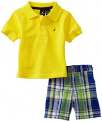 Nautica Sportswear Kids Baby-boys Infant Short Sleeve Solid Polo with Plaid Short, Yellow, 3/6