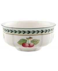 French Garden accessory pieces complement-and complete-the mix-and-match dinnerware and dishes from Villeroy & Boch. In Fleurence, with a pale yellow center and summer fruits around the rim.