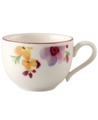 Prolong spring with the lively Mariefleur after-dinner cup. Splashy colors adorn premium white porcelain edged in red and designed for everyday dining. Mix and match with New Cottage dinnerware, also by Villeroy & Boch.