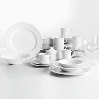 Clean and contemporary, the Oval Dats 53-pc. Dinnerware Set includes: eight each of dinner plate, salad plate, soup bowl, fruit bowl, cup and saucer, plus a five-piece completer set. Dishwasher and microwave safe.