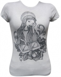 Women's DJ Virgin Mary Scratching Turntable by Whitney Lenox Tattoo Alternative T Shirt Silver