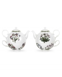 Just your cup of tea. Portmeirion drinkware expands its beloved Botanic Garden collection with this clever tea set for one. With the classic triple-leaf border and a mixed bouquet of florals, it's a delight for nature lovers and china collectors alike. Front and back shown, featuring a Daisy motif on one side and Forget-Me-Not on the opposite side.