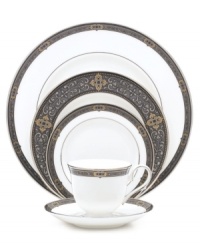 For nearly 150 years, Lenox has been renowned throughout the world as a premier designer and manufacturer of fine china. The Vintage Jewel place settings pattern from Lenox's dinnerware and dishes collection evokes a more gracious era, combining pure white bone china with a dark, richly patterned band of muted gold, taupe, charcoal, and black, and accented with subtle touches of cobalt blue.