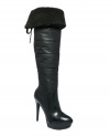 GUESS by Marciano's Ragi over-the-knee platform boots are super tall with shearling interior detail at the top of the shaft. Lace-up detail makes the view from the back even more interesting. Looks great cuffed or uncuffed.