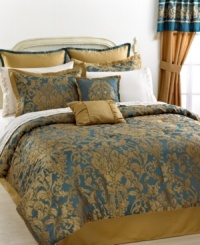 Utterly magnificent, this Buckingham comforter set makes a statement in any space with a lovely flourish pattern in shimmering gold and rich blue that perfectly complement each other. This comprehensive set comes with enough components to give your room a fantastic new look.