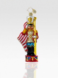 Display your support for troops past and present with this toy soldier of glitter-dusted, handcrafted glass. A portion of the proceeds will benefit Veteran's Awareness. Hand-blownHand-painted5 highMade in Poland