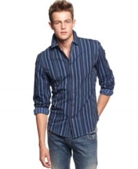 Bold, sporty, and sexy is this long sleeve fitted vertical stripe shirt by Vintage Red.