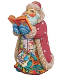 'Twas the night before Christmas! This carved Santa Claus ornament is meticulously hand-painted with a heartwarming scene of Santa watching a little girl fall fast asleep as she anxiously awaits the excitement of Christmas morning.