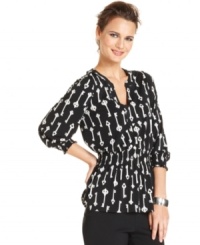 Add a pop of print to your fall wardrobe with this key emblazoned Alfani petite top -- pair it with all your fave pants!