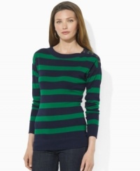 Crafted from fine-ribbed cotton for an indulgently soft feel, Lauren Jeans Co.'s versatile tee with wide stripes, a graceful boatneck and antiqued buttons at the shoulder exudes relaxed refinement. (Clearance)