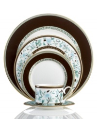 Extraordinarily detailed yet amazingly dishwasher safe, the Palatial Garden place settings from Marchesa by Lenox combine teal blossoms, intricate gold vines and velvety brown accents in gold-banded bone china for unparalleled elegance.