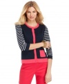 Jones New York Signature's new petite cardigan blends the nautical and the feminine with sea-worthy striped sleeves and lively pink trim at the collar, front placket and hem-the pink patch pocket is the finishing touch! (Clearance)