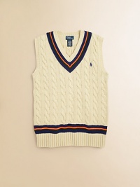 This essential sweater vest is rendered in handsome cable-knit cotton with preppy stripes.V-neckSleevelessPullover styleCottonMachine washImported