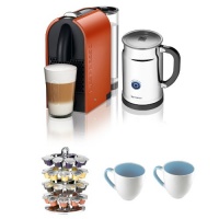 Nespresso U D50 Espresso Maker with Aeroccino Milk Frother in Orange + 40 Capsule Carousel + 2 Stoneware Mugs