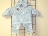 Cpk43, Knitted on Hand Knitting Machine Then Finished By Hand Crochet Infant Boys Outfit, Containing Blue Chenille with Denim Cotton Tweed Cardigan Sweater, Hat Set Trimmed with Star American Flag