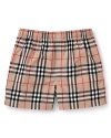 Hidden elastic waist band boxers with all over check pattern. One button fly.