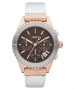 Rich white leather and sleek warm tones create a unique timepiece that fits both casual and elegant molds, by DKNY.