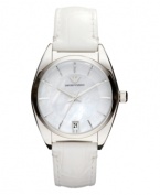 A mesmerizing mother-of-pearl dial adds allure to the sleek design of this Emporio Armani watch.