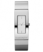 Sleek, urban style by DKNY. This beautiful watch features a stainless steel bracelet and round case. Logo embossed at bezel. White dial with silvertone stick indices. Quartz movement. Water resistant to 50 meters. Two-year limited warranty.