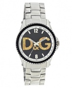 A unique cutout dial adds a modern edge to this classic watch by D&G. Stainless steel bracelet and round case with black turning bezel. Black grid-patterned dial features numerals at twelve and six o'clock, stick indices, minute track, three hands and gold tone logo cutout. Quartz movement. Water resistant to 50 meters. Two-year limited warranty.