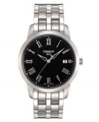 A stalwart every day watch with timeless style by Tissot. Stainless steel bracelet and round case. Black dial with silvertone Roman numerals, logo and date window. Quartz movement. Water resistant to 30 meters. Two-year limited warranty.