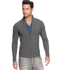 Modernize your look for fall with this mock neck zip up sweater from INC International Concepts.