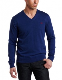 Fred Perry Men's V-Neck Sweater, Royal Marl/Blood/Porcelain, Large