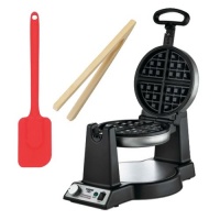 Waring Pro Stainless Steel single Belgian Waffle Maker + 10.5in Silicone Spatula Cherry + Bamboo Toast Tong - 6.5 Inch Long