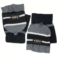 Men's Striped Pop-Top Convertible Knitted Acrylic Fingerless Mitten Gloves - Black