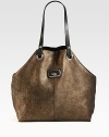 This ultra-soft and luxurious metallic shearling style is accented with leather details.Double leather shoulder straps, 9½ dropCenter snap button strap closure14W X 14H X 5½DImported