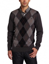 Fred Perry Men's Argyle V-Neck Sweater, Graphite Marl/Grey Marl/Navy/Burnt Copper, Medium