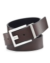 Pebble leather casual belt with square end. Flat metal buckle with logo at notch.