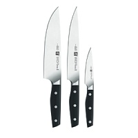 Designed exclusively by Matteo Thun, this gorgeous cutlery is precision forged from a single piece of ice-hardened stainless steel with a unique wedge-shaped blade that gives you optimum stability. The triple-riveted, full-tang handles have a dynamic design that fit neatly in your hand. Set includes: 4 paring/utility, 6 utility/sandwich and 8 chef's.