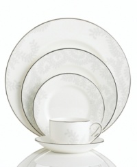 A modern pattern steeped in tradition, Vera Wang's white-on-white Trailing Vines place settings promise a lifetime of exquisite dining in sturdy, dishwasher-safe bone china. With bands of polished platinum.