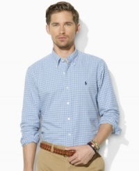 Cut for a classic, relaxed fit, a handsome sport shirt is crafted from soft oxford-woven cotton in a bold plaid pattern.