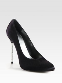 Elegant platform silhouette of fine satin, elevated by a crystal-coated stiletto heel. Satin and crystal-covered heel, 5¼ (130mm)Hidden platform, ½ (15mm)Compares to a 4¾ heel (120mm)Satin upperLeather lining and solePadded insoleMade in SpainOUR FIT MODEL RECOMMENDS ordering one half size up as this style runs small. 